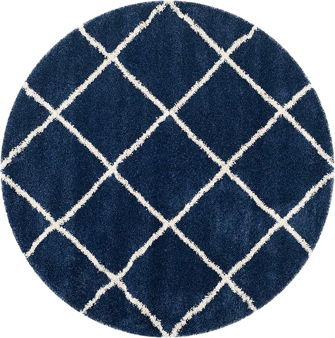 SAFAVIEH Hudson Shag Collection 9' Round Navy/Ivory SGH281C Modern Diamond Trellis Non-Shedding Living Room Bedroom Dining Room Entryway Plush 2-inch Thick Area Rug