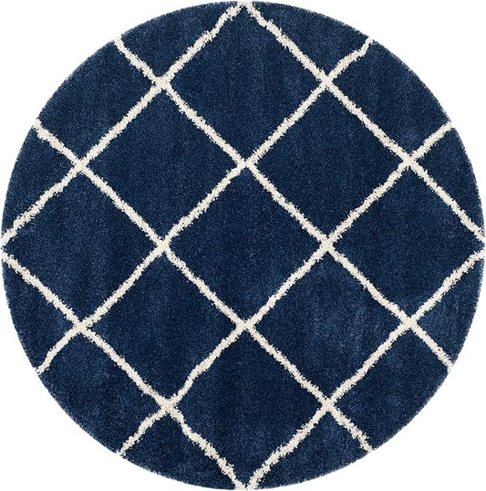 SAFAVIEH Hudson Shag Collection Area Rug - 11' Round, Navy & Ivory, Modern Trellis Design, Non-Shedding & Easy Care, 2-inch Thick Ideal for High Traffic Areas in Living Room, Bedroom (SGH281C)