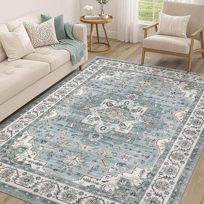Vintage Living Room Area Rug 5x8 - Large Soft Washable Oriental Traditional Distressed Farmhouse Rugs for Bedroom - Indoor Floor Accent Carpet for Home Office House Decor - Denim Blue