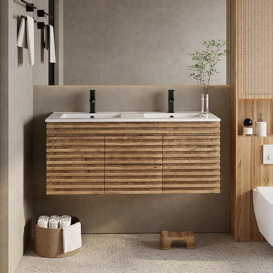 eclife 48" Floating Bathroom Vanity with Sink Combo Mid-Century Wall Mounted Cabinet with Wood Stripes Decor, Drawers, Undermount Sink, Faucet, Drain, Light Walnut