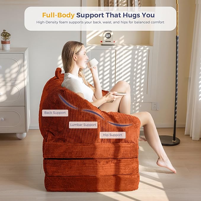MAXYOYO Folding Sofa Bed with Backrest, Boneless Fold Out Couch Bed with Handle, 2 in 1 Convertible Bean Bag Chair to Floor Sofa Lounger, Comfy Folding Couch for Bedroom & Living Room, Orange