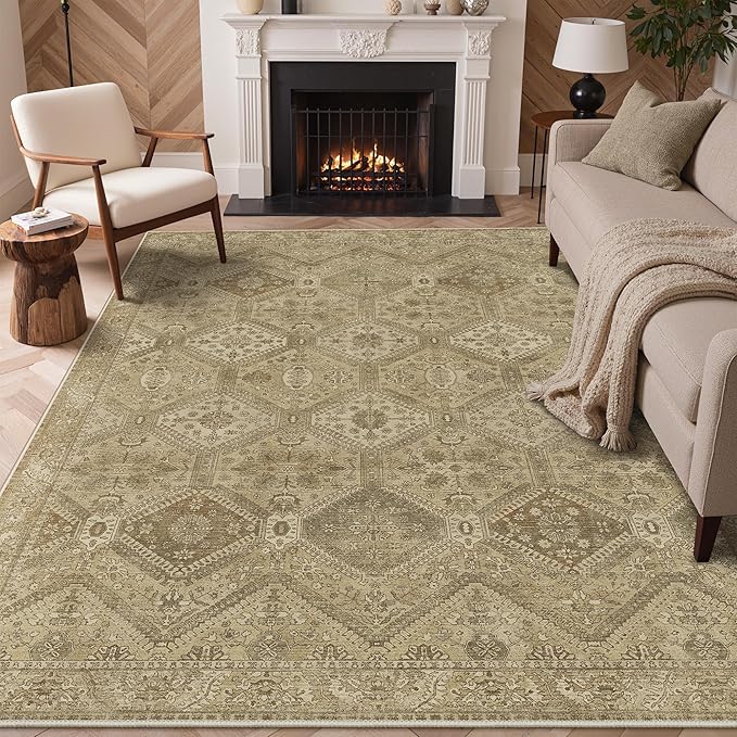 Bavni 3x5 Area Rug Washable Rug for Living Room Bedroom, Vintage Print Carpet, Low Pile Lightweight Mat with Non Slip Backing, Light Brown