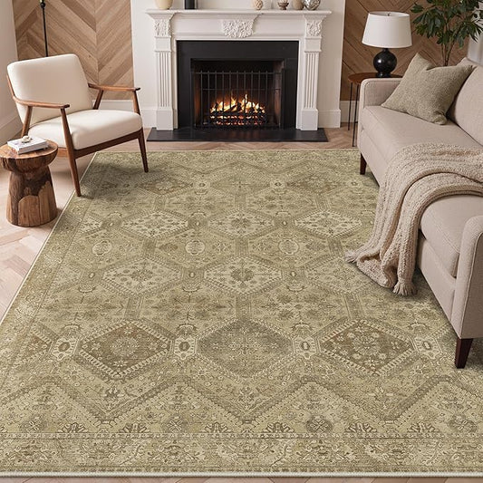 Bavni 3x5 Area Rug Washable Rug for Living Room Bedroom, Vintage Print Carpet, Low Pile Lightweight Mat with Non Slip Backing, Light Brown
