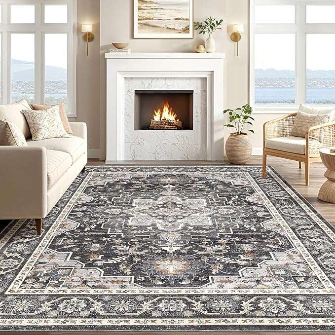 Vintage Living Room Area Rug 8x10 - Large Soft Washable Oriental Traditional Distressed Farmhouse Rugs for Bedroom - Indoor Floor Accent Carpet for Home Office House Decor - Black
