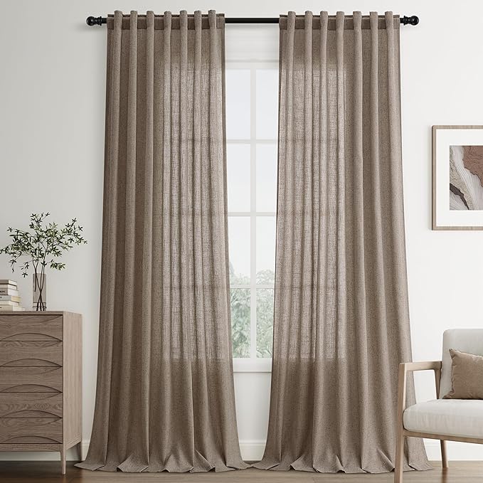Joywell Light Brown Back Tab Rod Pocket Linen Curtains 102 Inches Long 2 Panels for Living Room Bedroom Neutral Boho Farmhouse Rustic Light Filtering Semi Sheer Curtains Window Treatment 52x102
