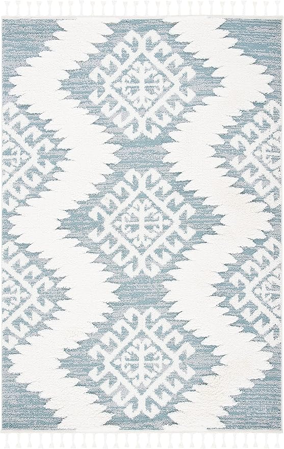 SAFAVIEH Area Rug 8x10 - Moroccan Tassel Shag Collection - Large - Teal & Ivory, Boho Design, Non-Shedding & Easy Cleaning, Plush Pile, Ideal for Living Room, Bedroom, Dining Space (MTS652K)