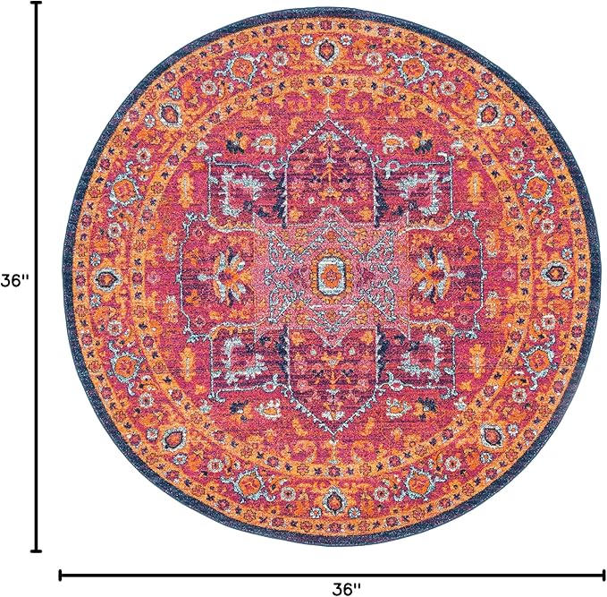 SAFAVIEH Evoke Collection Area Rug - 3' Round, Fuchsia & Orange, Oriental Medallion Distressed Design, Non-Shedding & Easy Care, Ideal for High Traffic Areas in Living Room, Bedroom (EVK275S)