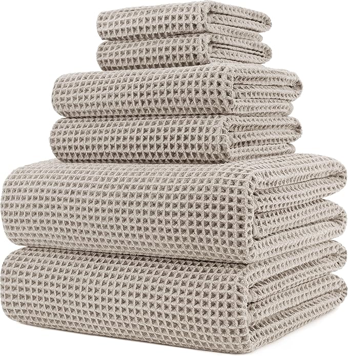 430 GSM Microfiber Quick Dry Lint Free Oversize Bath Towel Set, 6 Piece (Waffle Weave)