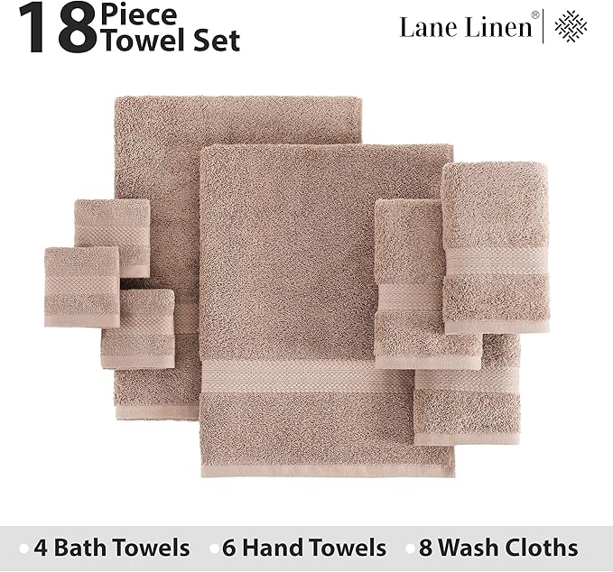 LANE LINEN 18 Piece Cotton Towel Set - Soft, Absorbent & Perfect Family Set - 4 Bath, 8 Washcloths, 6 Hand Towels for Bathroom - Ideal for Home, Spa & Gym - Quality You Can Trust - Taupe