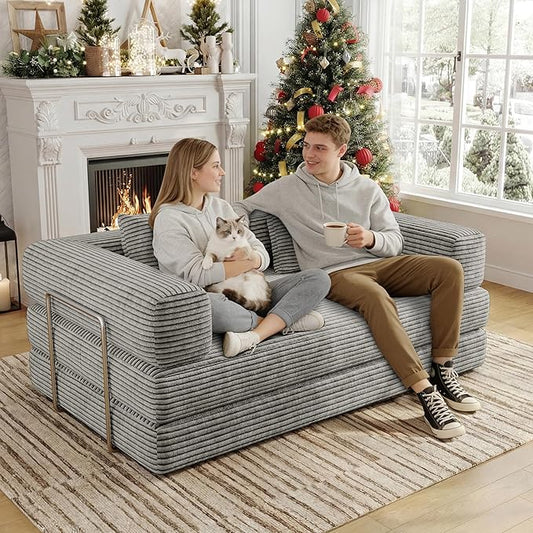 4 in 1 Futon Sofa Bed Queen Size - Foldable Convertible Sleeper Sofa Couch with L-Shaped Armrests Space Saving Floor Mattress for Bedroom & Dorm(Light Gray, 59” 2 Seat)