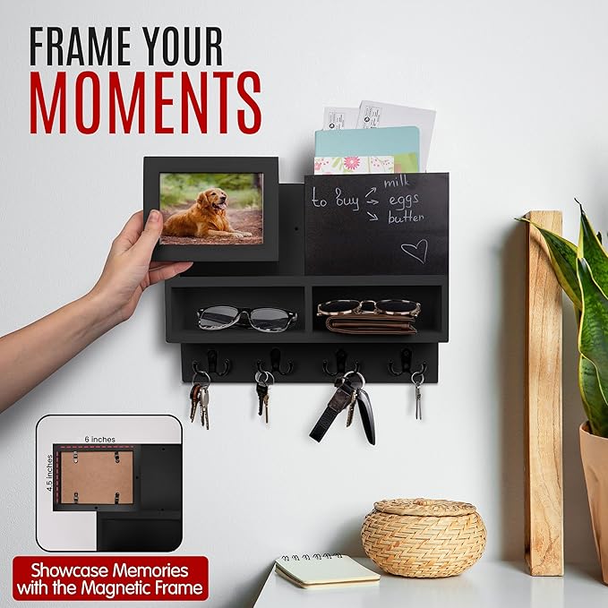 Spacelog Key and Mail Holder for Wall with Chalkboard – Magnetic Photo Frame Key Holder Wall Mount, Black, Dual Storage & Cupboards Mail and Key Organizer for Wall
