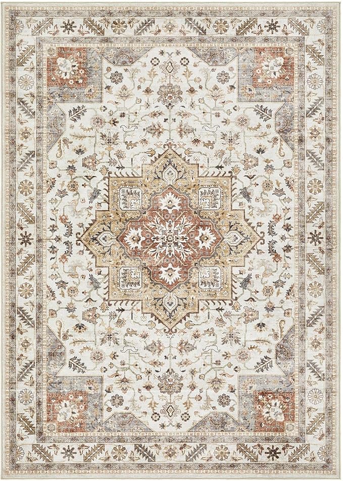 Vintage Living Room Area Rug 9x12 - Large Soft Washable Oriental Traditional Distressed Farmhouse Rugs for Bedroom - Indoor Floor Accent Carpet for Home Office House Decor - Golden Taupe