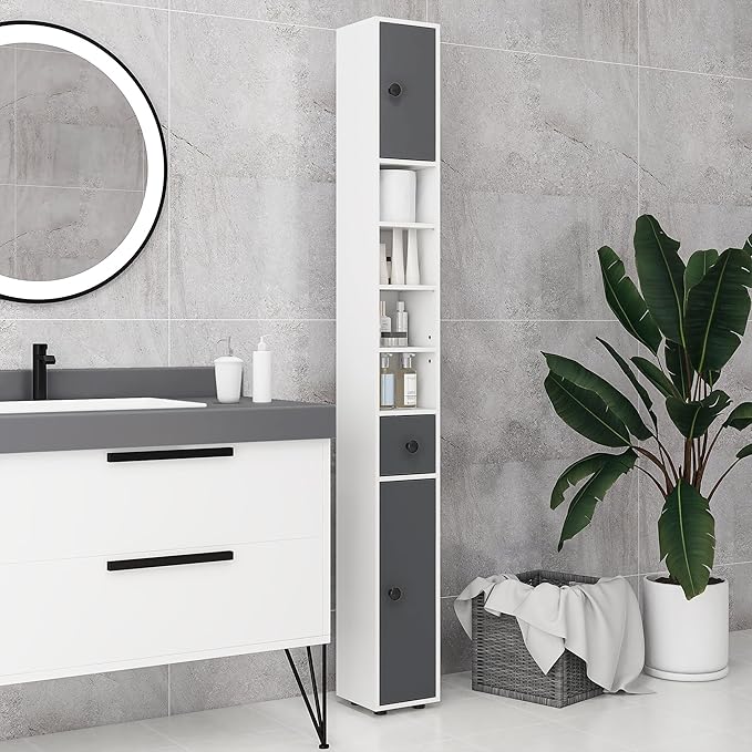 kleankin Narrow Tall Bathroom Storage Cabinet, 71" Slim Freestanding Bathroom Cabinet with Drawer, Open Shelves, 2 Doors and Adjustable Shelves for Small Spaces, Gray