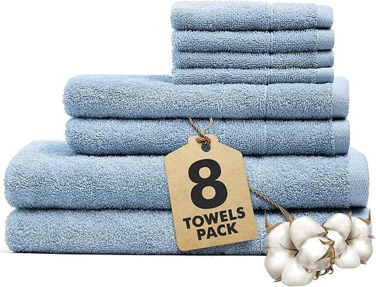 Bath Towels Set of 8 – 100% Cotton (Sky Blue) Bathroom Towel Set Bale Includes 2 Bath, 2 Hand, 4 Face Towels – Soft, Absorbent & Quick Dry Towel for Bathroom, Spa, Kitchen, Hotel Use