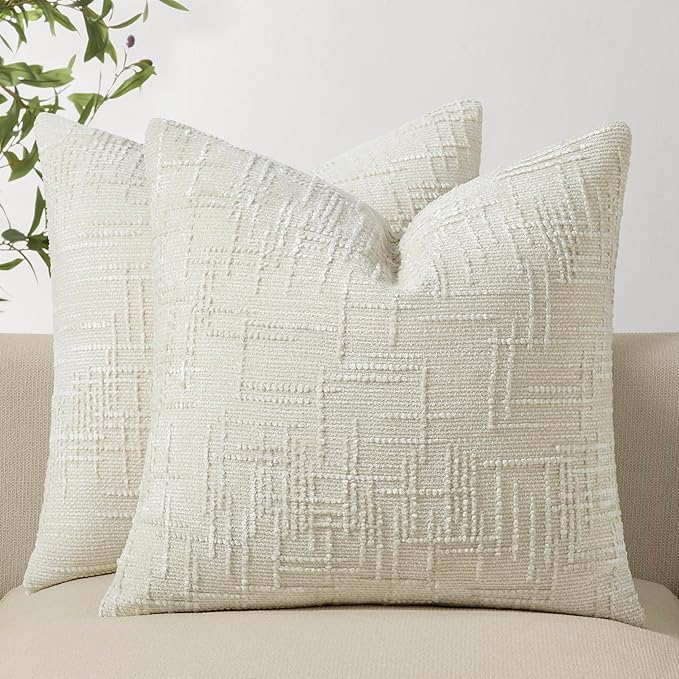 Decorative Couch Throw Pillow Covers 24x24 Set of 2 White Soft Chenille Pillow Covers Neutral Textured Boho Cushion Covers for Modern Farmhouse Sofa Bedroom Living Room Decor SY008-A24