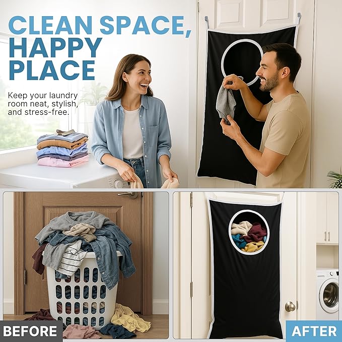 Hanging Laundry Hamper Bag XL 40x22", Space Saving over the Door Storage Bags, Behind the Door Hampers for Dirty Clothes & Wall Mounted Basket for Bathroom (2, Black)