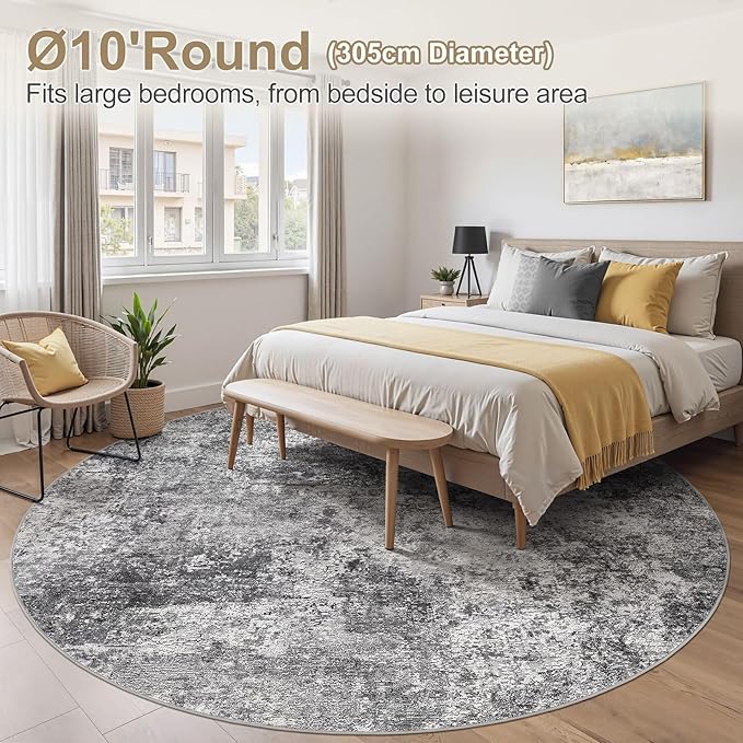 10ft Round Area Rug Living Room Rugs - 10x10 Washable Circle Rug Large Soft Indoor Neutral Modern Abstract Low Pile Carpet for Bedroom Dining Room Farmhouse Home Office - Grey