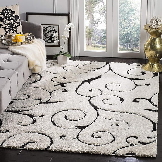 SAFAVIEH Florida Shag Collection Area Rug - 5' Square, Ivory & Black, Scroll Design, Non-Shedding & Easy to Clean, High-Low Plush Pile, Ideal for Living Room, Bedroom, Dining Space (SG455-1290)