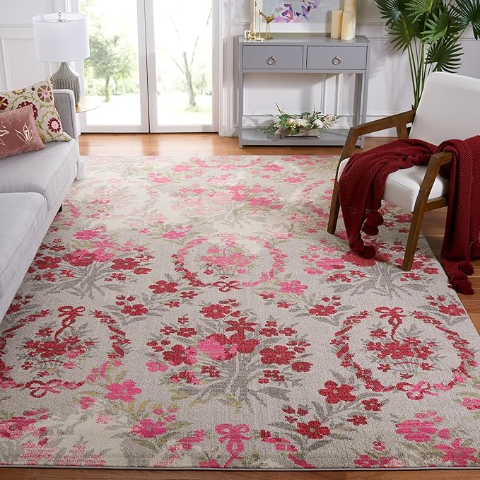 SAFAVIEH Monaco Collection Area Rug - 8' x 11', Ivory & Pink, Floral Design, Non-Shedding & Easy Care, Ideal for High Traffic Areas in Living Room, Bedroom (MNC205R)