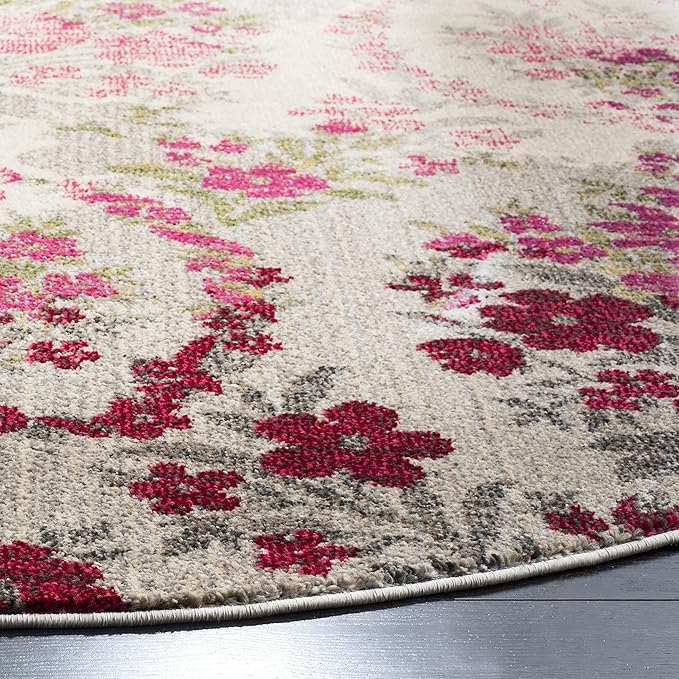 SAFAVIEH Monaco Collection 6'7" Round Ivory / Pink MNC205R Floral Non-Shedding Dining Room Entryway Foyer Living Room Bedroom Area Rug