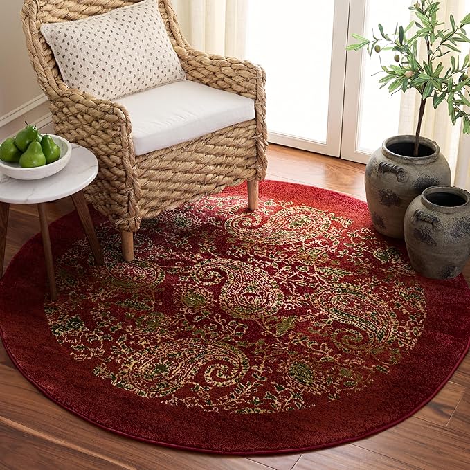SAFAVIEH Lyndhurst Collection Area Rug - 5'3" Round, Red & Multi, Traditional Paisley Design, Non-Shedding & Easy Care, Ideal for High Traffic Areas in Living Room, Bedroom (LNH224B)