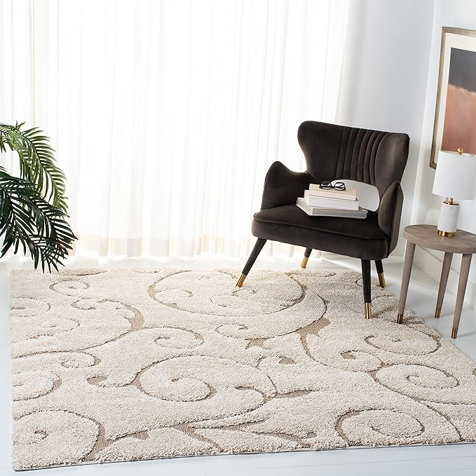 SAFAVIEH Florida Shag Collection Area Rug - 6'7" Square, Cream & Beige, Scroll Design, Non-Shedding & Easy to Clean, High-Low Plush Pile, Ideal for Living Room, Bedroom, Dining Space (SG455-1113)