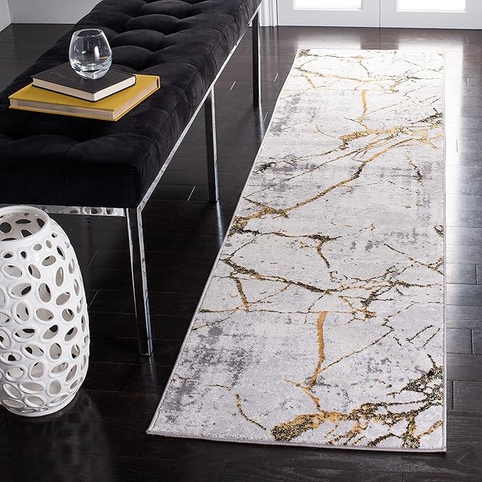 SAFAVIEH Amelia Collection Runner Rug - 2' x 18', Grey & Gold, Modern Abstract Design, Non-Shedding & Easy Care, Ideal for High Traffic Areas in Living Room, Bedroom (ALA293G)