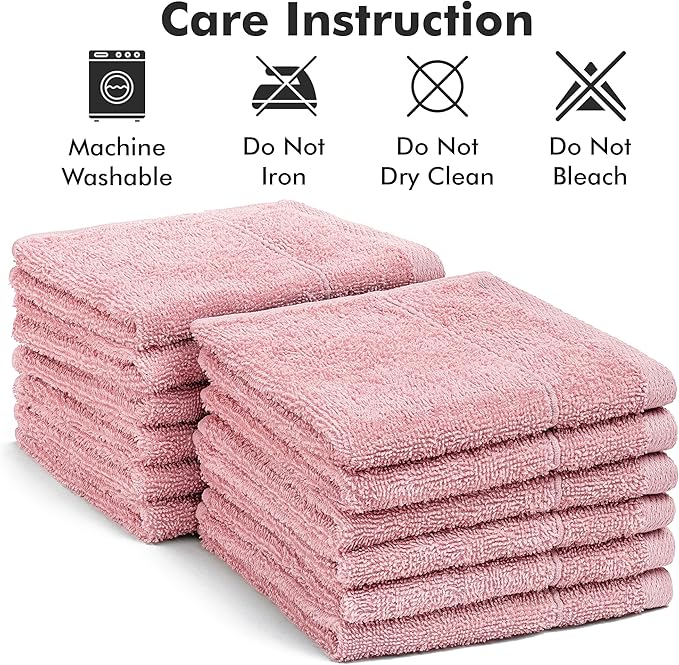 Face Towels Pack of 12 – 100% Cotton Wash Cloths (12x12 inch) – Soft, Quick Dry & Highly Absorbent Hand Towels for Bathroom, Spa, Gym, Kitchen and for Daily Use - (Baby Pink)