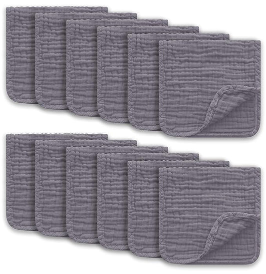 Muslin Burp Cloths Large 100% Cotton Hand Washcloths for Boys & Girls, Baby Essentials Extra Absorbent and Soft Burping Rags for Newborn Registry (Grey, 12-Pack, 20" X10")