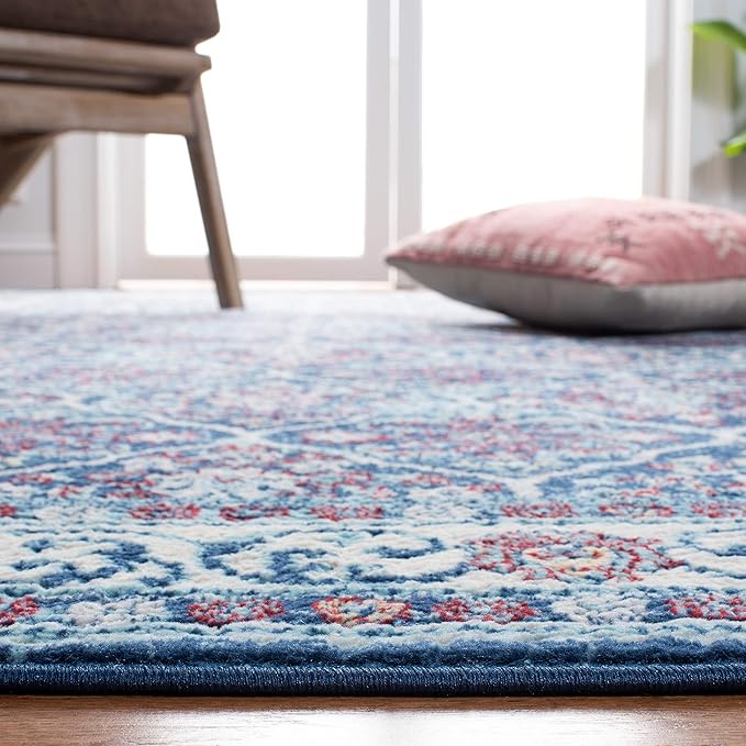 SAFAVIEH Brentwood Collection 4' x 6' Navy / Red BNT870N Oriental Damask Trellis Non-Shedding Living Room Bedroom Accent Rug