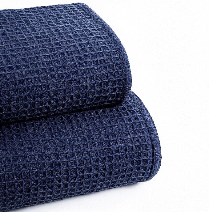 Bed & Bath Home Premium 100% Cotton Waffle Weave Blanket Queen Size – Soft Breathable Lightweight Comfort, Natural All-Season Bed Blanket, Easy-Care Bedspread for Bed & Couch (Navy Blue)