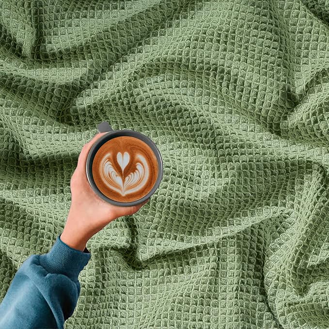 Bed & Bath Home Premium 100% Cotton Waffle Weave Blanket Queen Size – Soft Breathable Lightweight Comfort, Natural All-Season Bed Blanket, Easy-Care Bedspread for Bed & Couch (Sage Green)