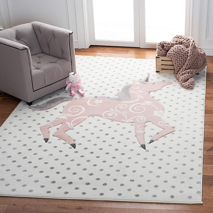 SAFAVIEH Area Rug 8x10 - Carousel Kids Collection - Large - Ivory Grey & Pink, Non-Shedding & Easy Cleaning, Ideal for Boys & Girls in Playroom, Nursery, Bedroom (CRK163B)