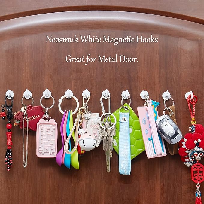 Neosmuk Magnetic Hooks,30lb Heavy Duty Earth Magnets with Hook for Refrigerator, Extra Strong Cruise Hook for Hanging, Magnetic Hanger for Curtain, Grill (White, 4 Pack)