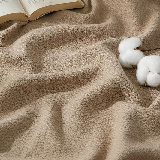 Bedsure GentleSoft 100% Cotton Large Throw Blanket for Couch 50x70 inches - Breathable and Lightweight, Soft Cozy Herringbone Woven Cotton Throw for Summer Spring, Light Brown Office Chair Blanket