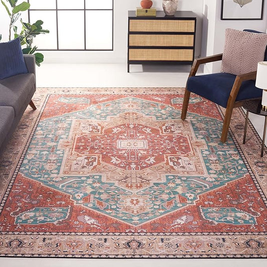SAFAVIEH Washable Rug Tucson Collection - 9' x 12', Aqua & Rust, Slip Resistant & Easy to Clean, Ideal for Living Room, Bedroom, Dining Space (TSN150J)