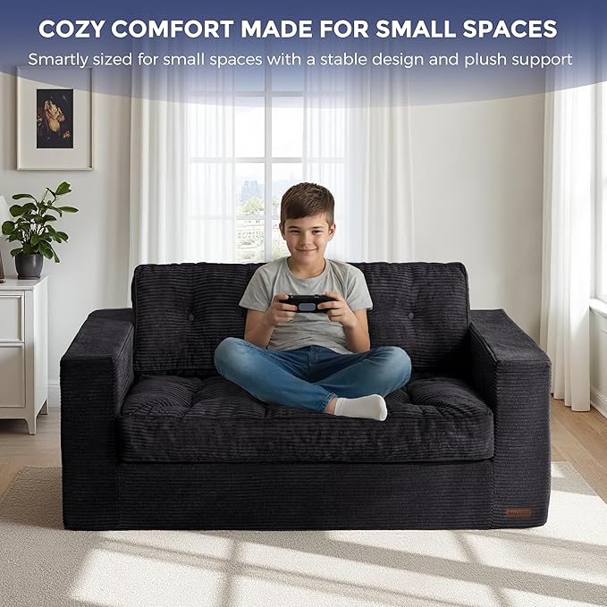 MAXYOYO Loveseat Sofa Couch, Upholstered Bean Bag Chair Cloud 2-Seat for Adults, Boneless Couch with Tufted Cushion & Pillows, Sofa in A Box, No Assembly Required, Black