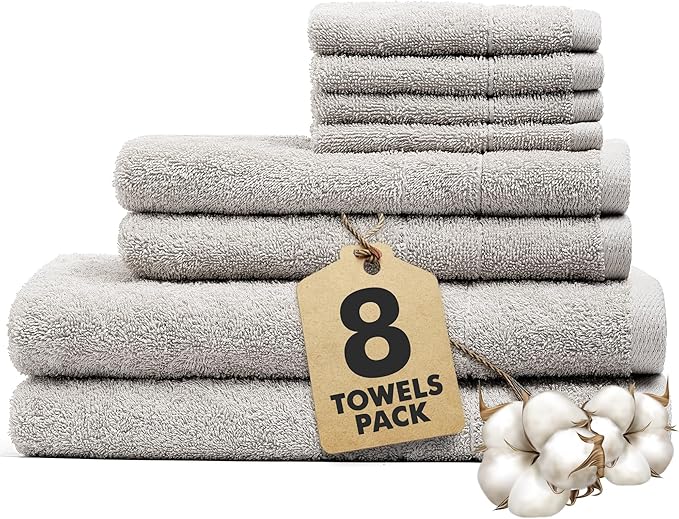Bath Towels Set of 8 – 100% Cotton (Light Grey) Bathroom Towel Set Bale Includes 2 Bath, 2 Hand, 4 Face Towels – Soft, Absorbent & Quick Dry Towel for Bathroom, Spa, Kitchen, Hotel Use