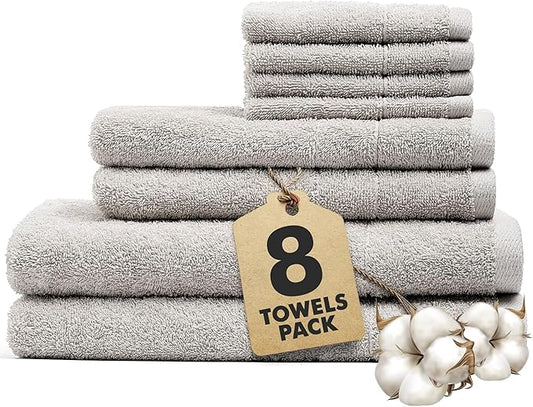 Bath Towels Set of 8 – 100% Cotton (Light Grey) Bathroom Towel Set Bale Includes 2 Bath, 2 Hand, 4 Face Towels – Soft, Absorbent & Quick Dry Towel for Bathroom, Spa, Kitchen, Hotel Use