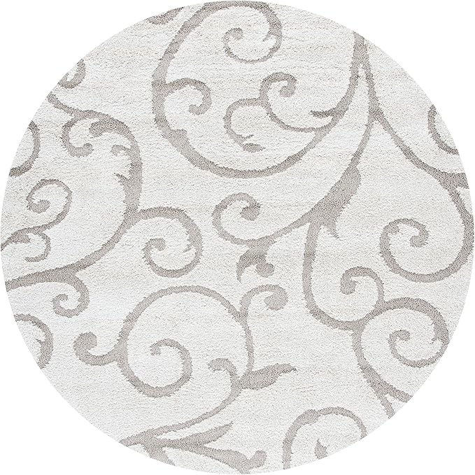 SAFAVIEH Florida Shag Collection Area Rug - 6'7" Round, Ivory & Beige, Scroll Design, Non-Shedding & Easy to Clean, High-Low Plush Pile, Ideal for Living Room, Bedroom, Dining Space (SG455-13LT)