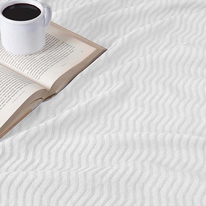 Superior JENA Cotton Blanket, for Picnic, Beach, Traveling or Camping, Bedroom Decor, Essentials, Cover for Bed, Couch, Lounging, Textured Jacquard, Modern Chevron Woven Blanket, Twin, White