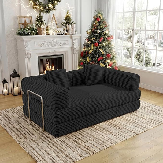 4 in 1 Futon Sofa Bed Queen Size - Foldable Convertible Sleeper Couch,Teddy Foam-Filled Compressed Couch Removable Corduroy Cover, Space Saving Sofas for Bedroom & Dorm (Black, 59” 2 Seat)