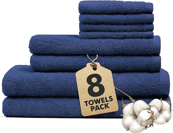 Bath Towels Set of 8 – 100% Cotton (Royal Blue) Bathroom Towel Set Bale Includes 2 Bath, 2 Hand, 4 Face Towels – Soft, Absorbent & Quick Dry Towel for Bathroom, Spa, Kitchen, Hotel Use