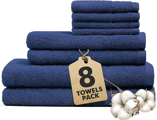 Bath Towels Set of 8 – 100% Cotton (Royal Blue) Bathroom Towel Set Bale Includes 2 Bath, 2 Hand, 4 Face Towels – Soft, Absorbent & Quick Dry Towel for Bathroom, Spa, Kitchen, Hotel Use