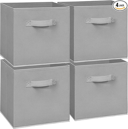 11x11 Storage Bins, Set of 4 Storage Cubes, Collapsible Cube Storage Box, Fabric Closet Organizers with Handles for Home, Office, Closet Shelf Cabinet, Bookcase, Grey