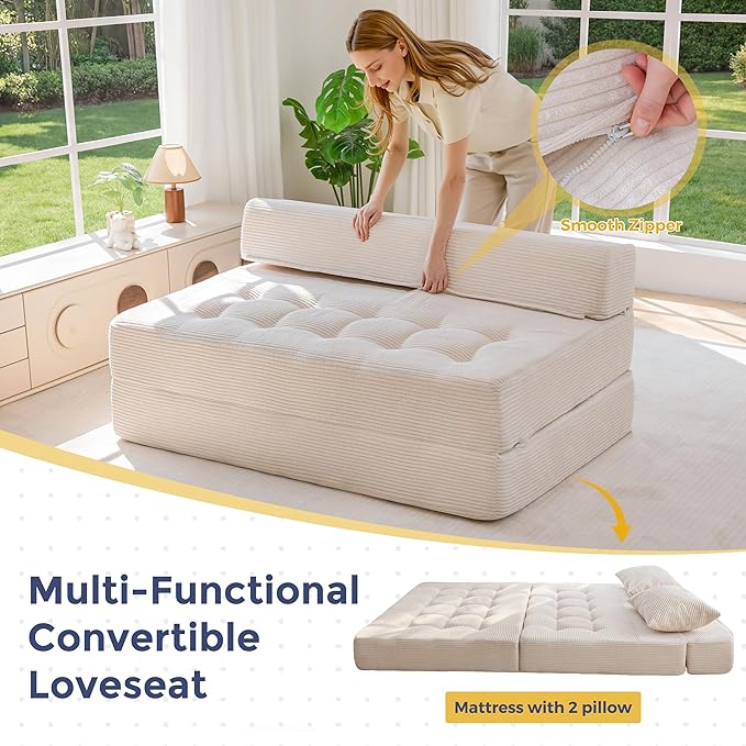 MAXYOYO Folding Sofa Couch, Convertible Floor Sleeper Couch with 2 Pillows, Tufted Floor Loveseat Couch Tufted Fold Out Chair Bed Comfy Sofa Lounge for Living Room Bedroom, Beige