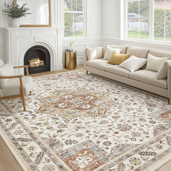 Vintage Living Room Area Rug 9X13 - Large Soft Washable Oriental Traditional Distressed Farmhouse Rugs for Bedroom - Indoor Floor Accent Carpet for Home Office House Decor - Golden Taupe
