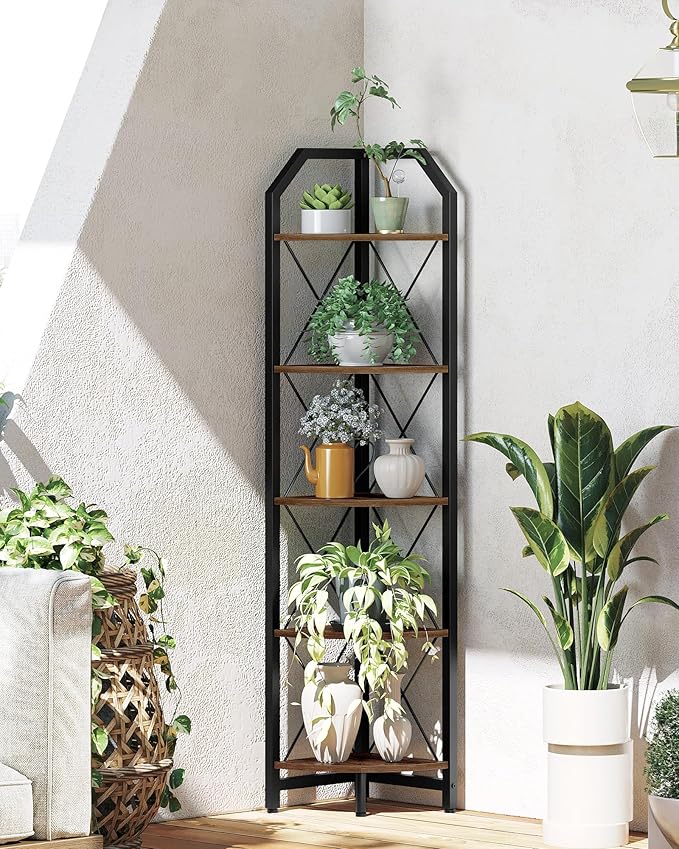 59.4" Corner Shelf, 5-Tier Industrial Corner Bookshelf, Corner Storage Stand, Plant Stand Display Shelf, Bookcase for Bedroom, Living Room, Home Office, Rustic Brown and Black TCJ10BF