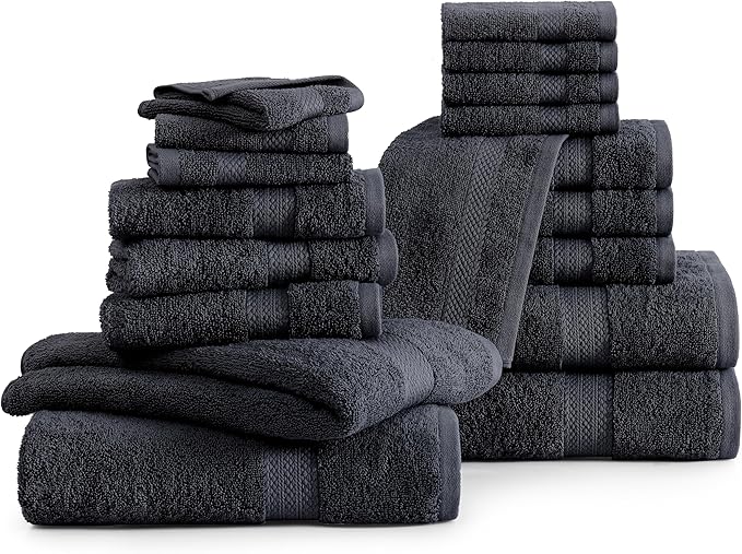 LANE LINEN 100% Cotton Black Towel Set for Bathroom - 18 Piece - Super Soft, Hotel Quality - 4 Bath, 8 Wash Cloths, 6 Hand Towels for Bathroom - Classic, Gentle on Skin, Ideal for Spa & Daily Use