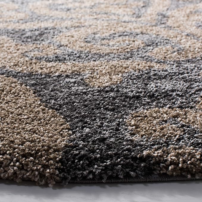 SAFAVIEH Florida Shag Collection 5' Round Grey/Beige SG462 Damask Non-Shedding Living Room Bedroom Dining Room Entryway Plush 1.2-inch Thick Area Rug